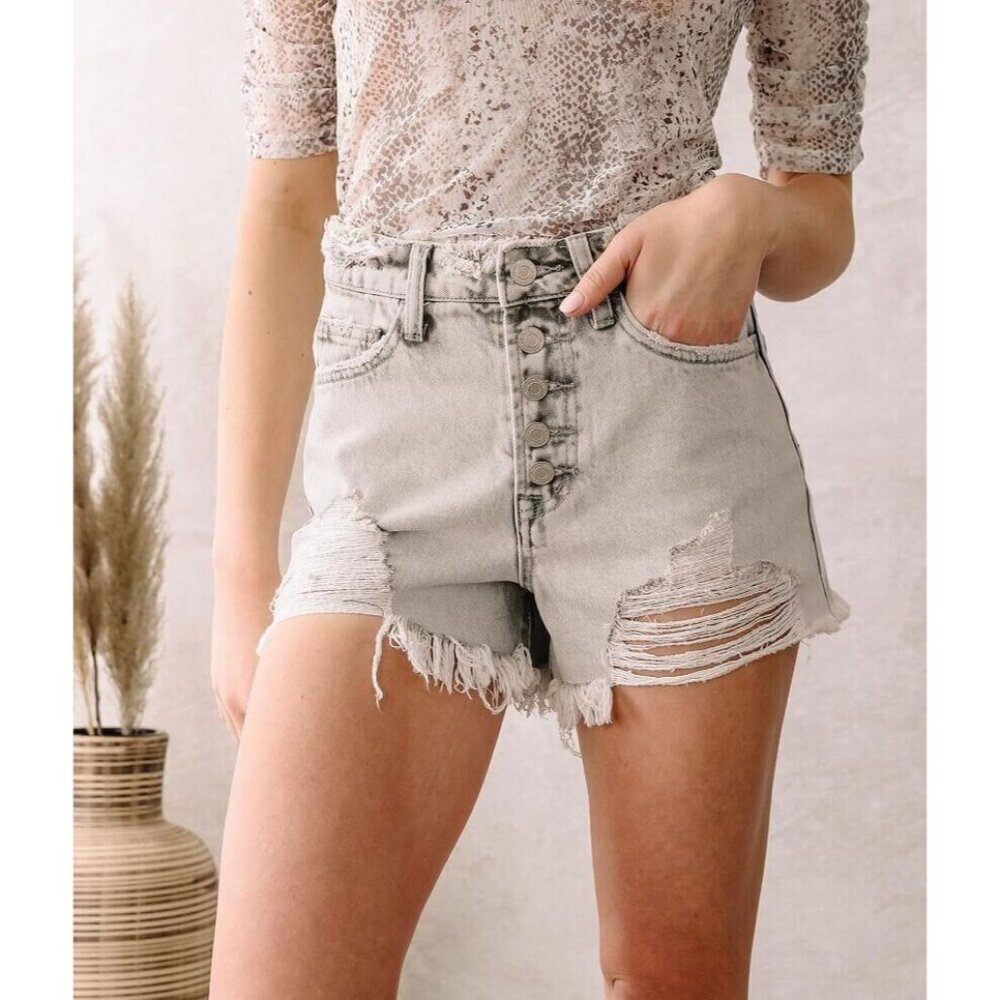 High-Rise Distressed Jean Shorts - Light Grey